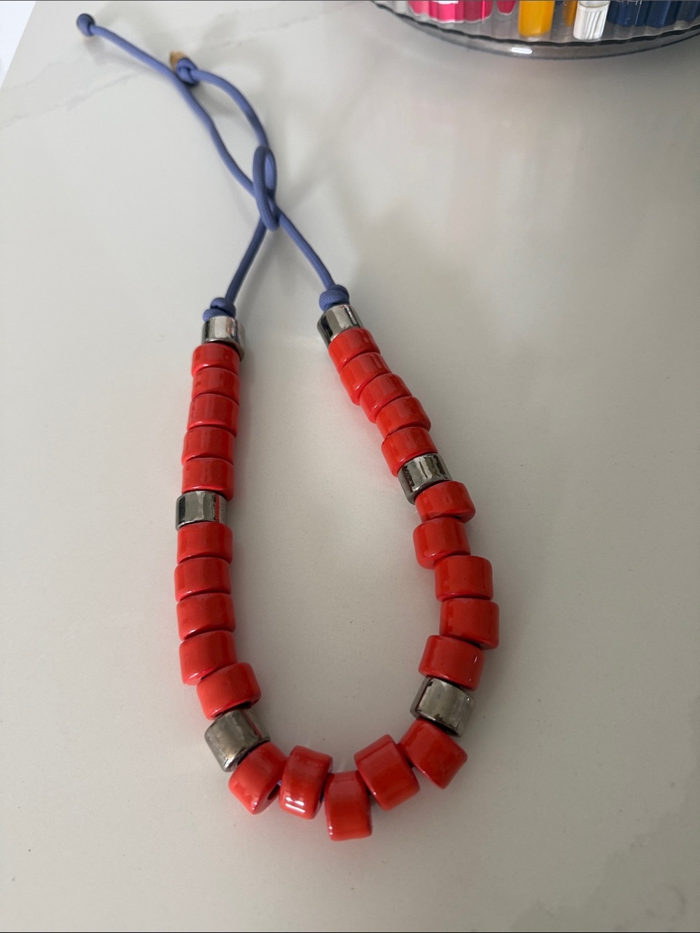Her New Tribe Red Beaded Necklace with Silver Accents purple cord